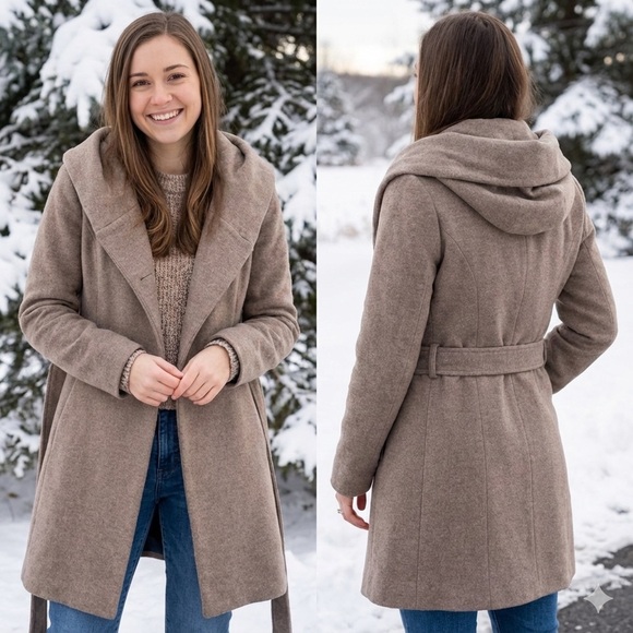 Zara Jackets & Blazers - ZARA Basic 80% Wool Hooded Wrap Coat S Taupe Double-Breasted Belted